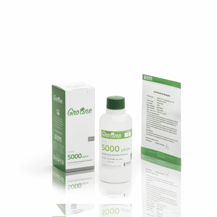 GroLine - Soluzione standard EC da 5000 µS/cm, (230 ml) con certificato di analisi - HI7039-023