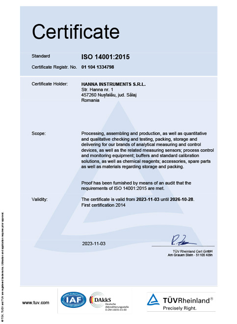 Anteprima del certificato ISO 14001 della Produzione Hanna Instruments